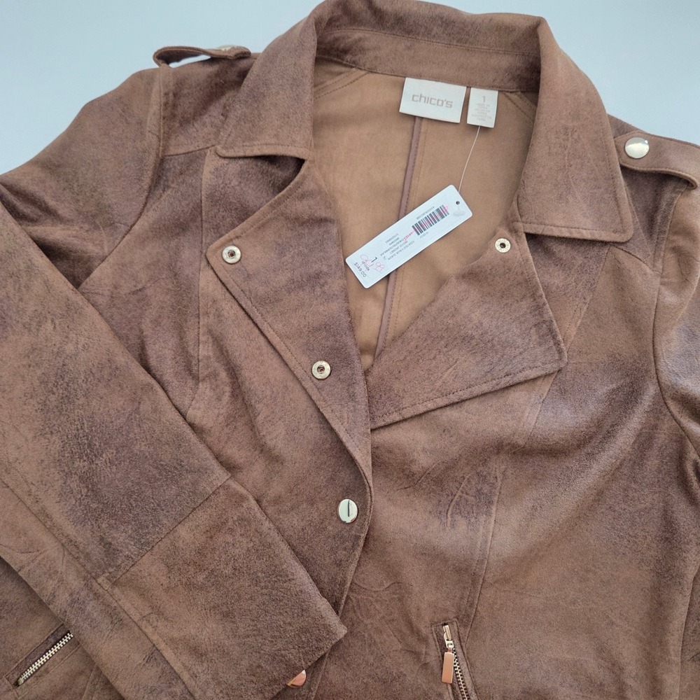 NEW Chico's Moto Jacket Brown Coated Faux Suede Distressed Womens Size 1  M